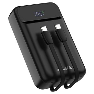 밸류엠 PD 22.5W 고속충전 C타입 트윈 케이블 일체형 미니 보조배터리 20000mAh, 퍼펙트 블랙, VM-PA20P23W2C