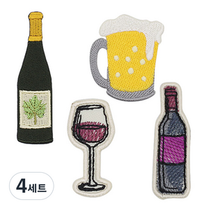 패션포인트 자수 와펜 주류백화점 세트, 나폴레옹, 생맥주, 쇼비뇽, 와인잔, 4세트