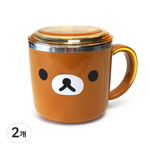 리락쿠마 얼굴 뚜껑 스텐컵, 브라운, 2개, 260ml