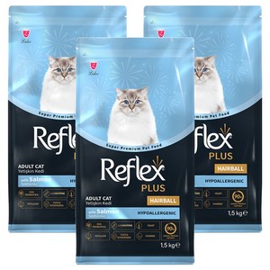 Reflex 어덜트 고양이 플러스 안티헤어볼 건식사료, 연어, 1.5kg, 3개
