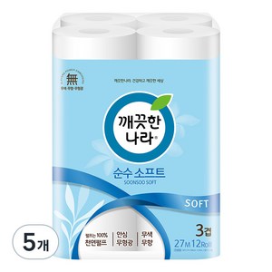 깨끗한나라 순수 소프트 3겹 화장지, 27m, 12롤, 5개