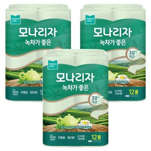 모나리자 녹차가 좋은 천연펄프 3겹 고급롤화장지, 30m, 12롤, 3개