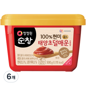 청정원순창 100% 현미 골드 태양초 덜매운 고추장, 500g, 6개