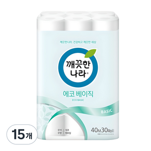 깨끗한나라 에코 베이직 2겹 롤화장지, 40m, 30개입, 15개