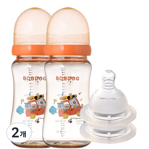 리틀밥독 PESU 유꼭지 젖병 2개 + 젖꼭지 2개 트윈팩, 오렌지, 300ml