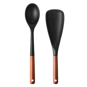 코멧 키친 우드 핸들 실리콘 조리도구 2종 세트, 블랙, 1세트, 볶음 스푼 + 멀티 스푼