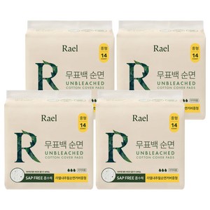 라엘 무표백 순면 생리대 날개형, 중형, 14개입, 4개 골드박스 특가