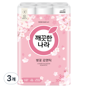 깨끗한나라 3겹 벚꽃 로맨틱 천연펄프 화장지, 27m, 30개입, 3개