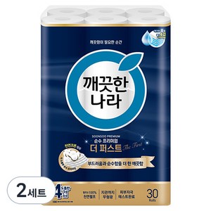 깨끗한나라 4겹 순수 프리미엄 더 퍼스트 천연펄프 화장지, 25m, 30롤, 2세트