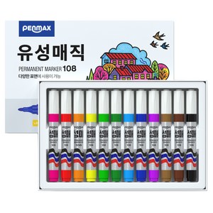 펜맥스 유성매직 108 12색, 노랑, 주황, 적색, 핑크, 연두, 녹색, 하늘, 블루, 보라, 황토, 고동, 검정, 1세트