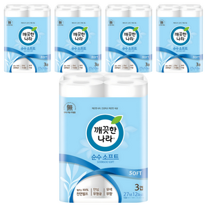 깨끗한나라 순수 소프트 3겹 화장지, 27m, 12롤, 5개