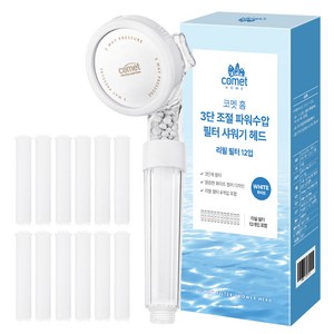 코멧 홈 3단 조절 파워수압 필터 샤워기 헤드 + 리필 12p 세트, 화이트, 1세트 골드박스 특가