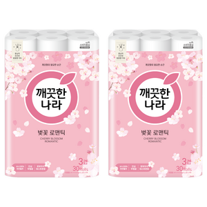 깨끗한나라 벚꽃 로맨틱 천연펄프 3겹 고급롤화장지, 27m, 30개입, 2개