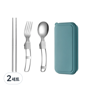 보다모가 휴대용 304 스테인레스 접이식 캠핑 수저 세트, 그린, 2세트