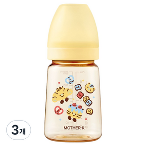마더케이 베이직 PPSU 베이커리 프렌즈 무꼭지 젖병, 옐로우, 180ml, 3개