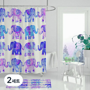 애니멀정글 샤워커튼 퍼플코끼리 180 x 200 cm + 커튼고리 12p, 2세트