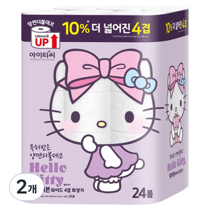 ITC 헬로키티 더 넓은 핑크리본 와이드 4겹 천연펄프 양면더블데코 화장지, 2개, 24롤, 20m