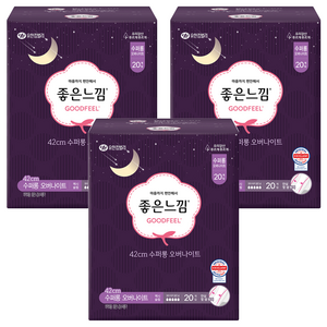좋은느낌 오리지널 수퍼롱 오버나이트 생리대 날개형, 슈퍼롱, 20개입, 3개