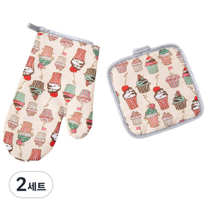 토브드림 일러스트 패턴 오븐용 장갑 + 받침대, 옐로우, 2세트
