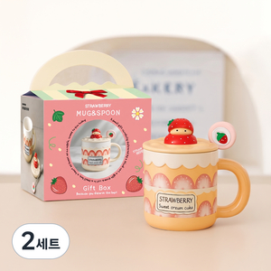 레토 딸기 머그컵 400ml + 뚜껑 + 스푼 선물패키지 세트 LMC-S03, 베이지, 2세트