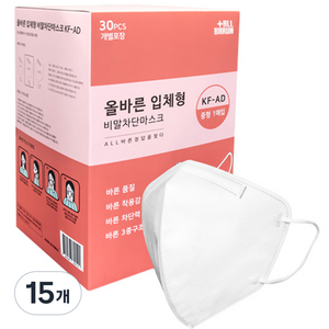 ALLBARUN 입체형 비말 차단 마스크 KF-AD 중형, 30개입, 15개, 화이트