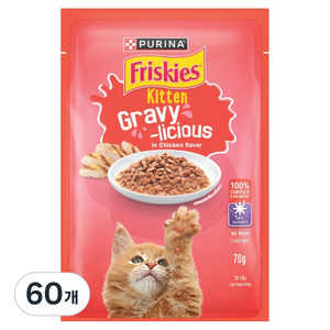 프리스키 고양이 퓨리나 그레이비 키튼 치킨 주식 습식 파우치, 닭, 70g, 60개