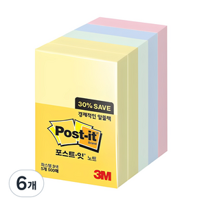 포스트잇 노트 알뜰팩 656-5, 노랑+애플민트+크림블루+러블리핑크, 500매, 6개