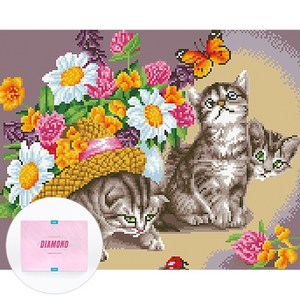 디클레어 액자 캔버스형 보석십자수 DIY 키트 40 x 50 cm, 고양이와 나비, 1세트
