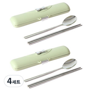 휴대용 2인용 리본 수저 세트, 4세트, 스푼+젓가락+케이스+거치대, 민트