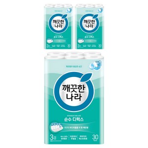 깨끗한나라 순수 디럭스 천연펄프 3겹 화장지, 30m, 30개입, 3개