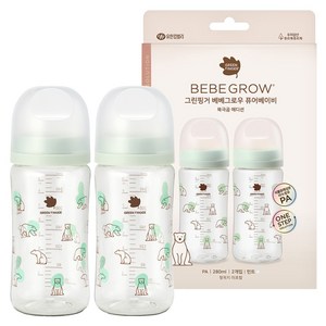 베베그로우 그린핑거 퓨어베이비 북극곰 PA 노꼭지 젖병 트윈팩, 민트, 280ml, 2개
