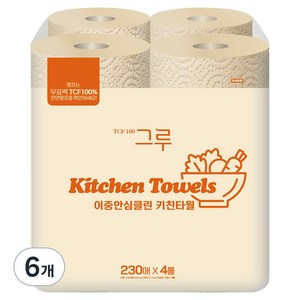 그루 이중안심 천연펄프 키친타월 230p, 6개, 4롤
