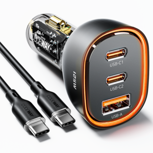 코드웨이 125w 3포트 2C + 1A 차량용 시거잭 자동차 고속 충전기 세트, UC8125BK-C10, 블랙
