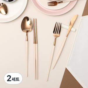 쓰임 마리벨 커트러리 세트, 크림화이트, 2세트, 디너스푼 1p + 젓가락1p + 포크1p + 나이프1p