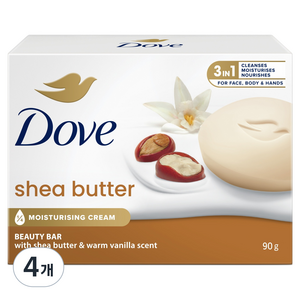 도브 시어버터 뷰티 바 클렌징 비누, 90g, 4개입
