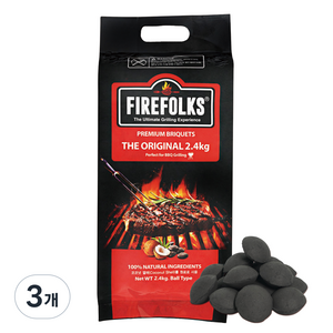 FIREFOLKS 더 오리지널 바비큐 캠핑 구이용 숯, 2.4kg, 3개