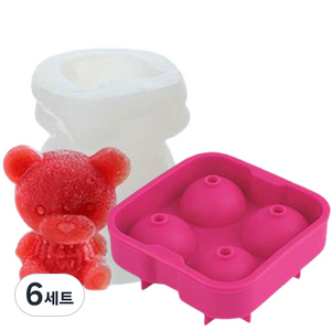 홈카페 아이스몰드 4구 왕얼음틀 + 곰돌이 얼음틀 세트, 6세트, 핑크(4구 왕얼음틀), 랜덤발송(곰돌이 얼음틀)