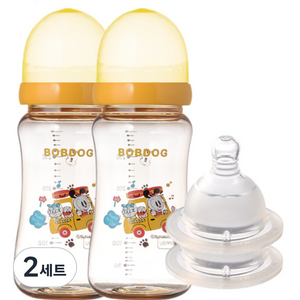 리틀밥독 국내 제조 PPSU 유꼭지젖병 트윈팩 젖꼭지 2개입, 2단계(0~3개월), 옐로우, 2세트, 300ml