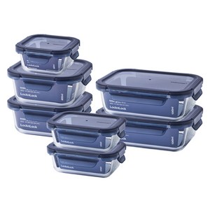 락앤락 인디고 글라스 밀폐용기 7p, 1세트, 320ml(1P) + 370ml(2P) + 800ml(2P) + 1040ml(2P)