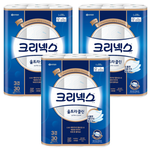 크리넥스 울트라클린 천연펄프 3겹 고급롤화장지, 27m, 30개입, 3개