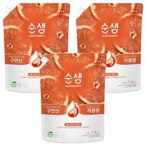 순샘 구연산 자몽향 주방세제 리필, 1.4L, 3개