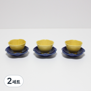 달소금 국산 투톤 꽃잎 찻잔 3종 세트, 레몬 + 블루, 2세트
