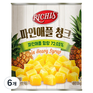 리치스 파인애플 청크 통조림, 836g, 6개