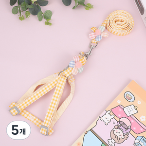 요런개 강아지 퐁퐁 플라워 하네스 + 리드줄 세트, 옐로우, 5개