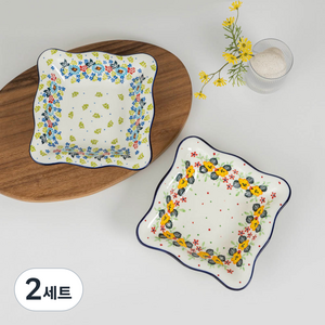 메종오브제 프라카 폴란드풍 도자기 프릴 사각 샐러드볼 2종 세트, 셀렌다인, 로즈데이지, 2세트