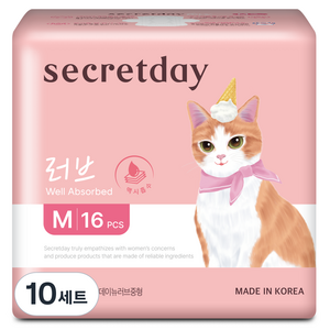 시크릿데이 NEW 러브 맥시흡수 생리대 날개형, 중형, 16개입, 10세트