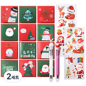 투영디자인 메리 크리스마스카드 12종 세트 + X mas 6색 볼펜 2p + X mas 롱 데코 스티커 2p, 랜덤발송, 2세트