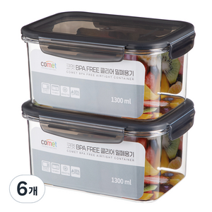 코멧 국내생산 BPA FREE 클리어 직사각 밀폐용기, 6개, 1.3L