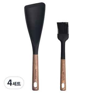 벨라쿠진 실리콘 조리도구 2종 세트, 블랙 + 월넛우드, 4세트, 오일 브러쉬 + 볶음스푼