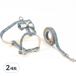 요런개 강아지 마이리본 하네스 + 리드줄 세트, 블루, 2세트